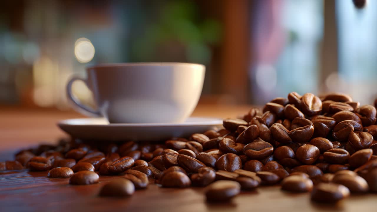 Æstetisk komposition af kaffebønner og en kop, der viser kaffekulturens fylde og varmen i en hyggelig atmosfære i en café
