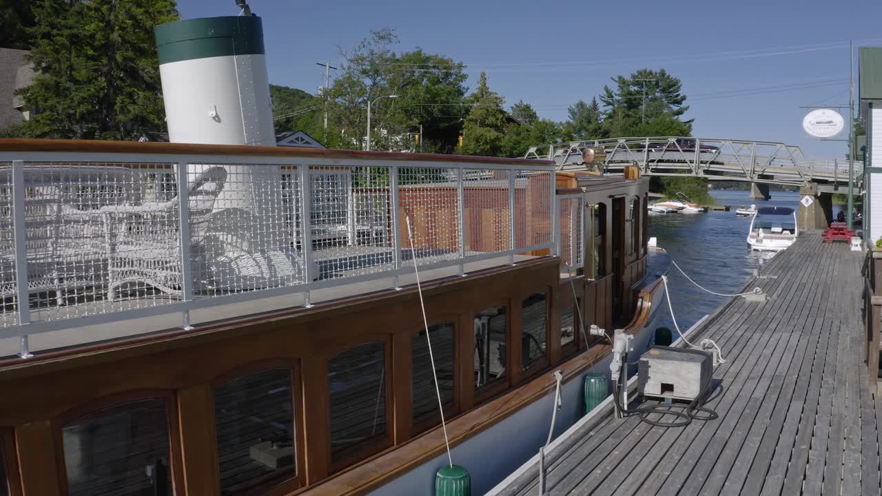 Old Wood boat docked on Lake of Bays Ontario