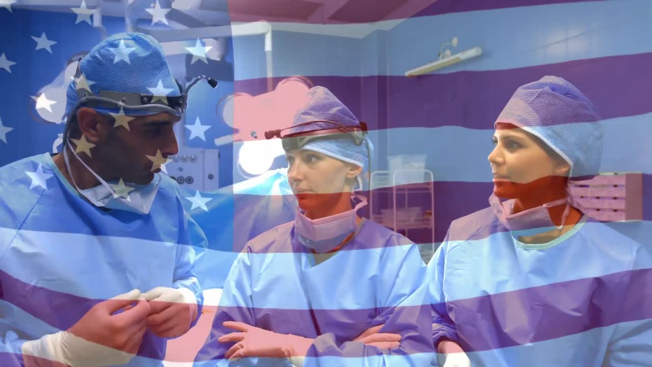 수술실 에서 외과 의사 들 위 에 흔들리는 미국 국기 의 애니메이션