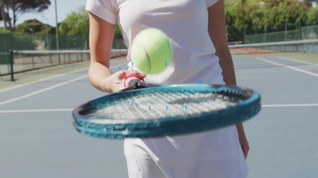 Female tennis player balancing ball on racket in sports marketing, featuring colorful data shapes