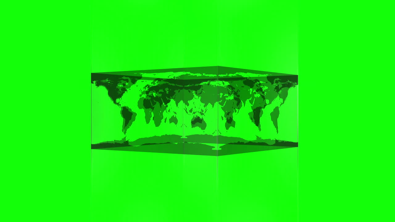 초록색 화면에 세계 지도를 보여주는 투명한 블록