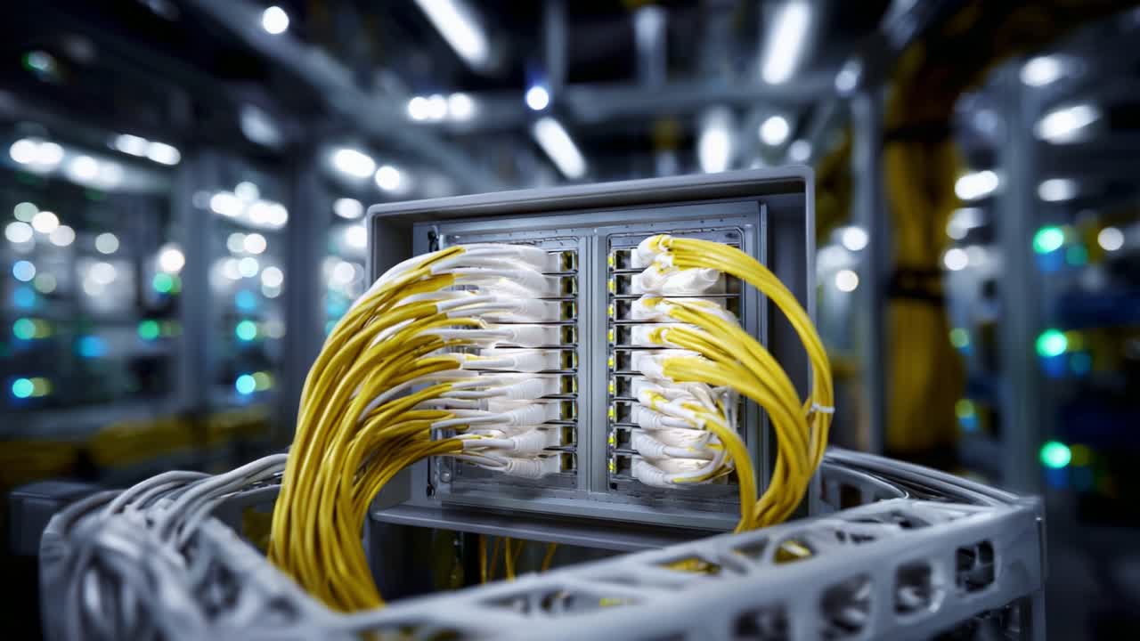 A Detailed View of Network Cables in a Modern Data Center, Showcasing the Connectivity and Organization Essential for Efficient Data Transmission Infrastructure