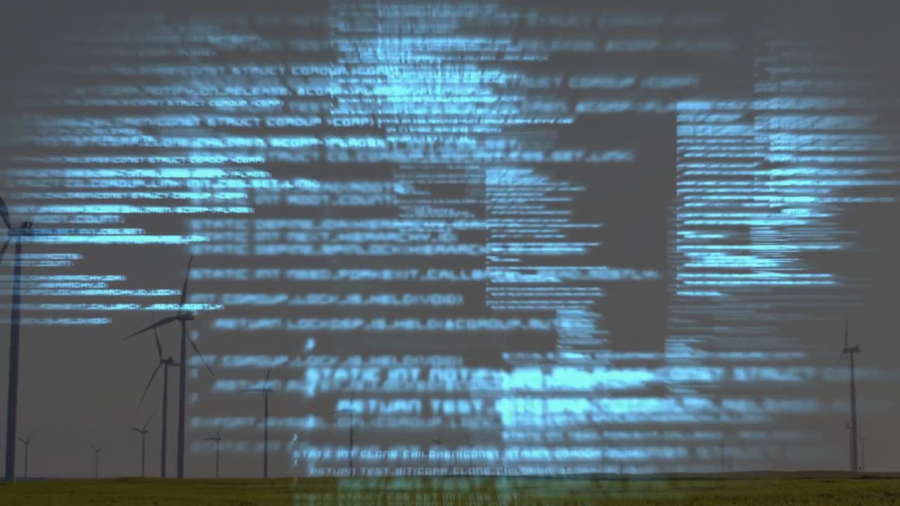 Signal sparking blue text overlay rising near horizon, scrolling, forming to visualize wind output