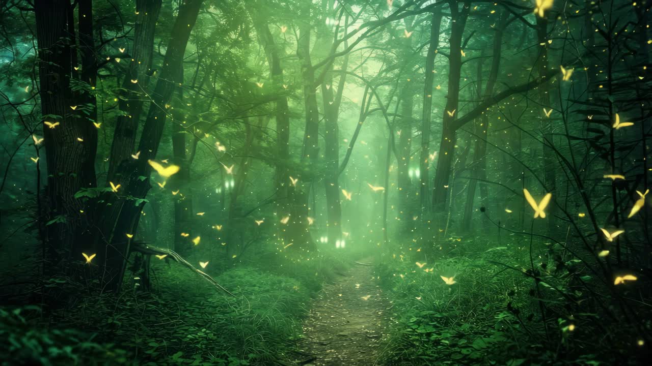 A mystical forest scene with glowing fireflies, captured from a low-angle, evoking a magical