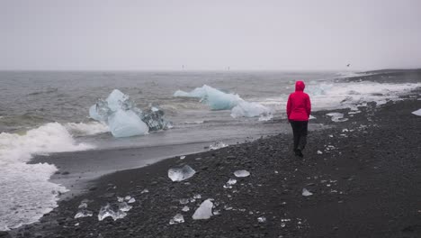 chica con chaqueta roja caminando sola en la arena negra de la famosa playa de diamantes, islandia durante el frío día nublado