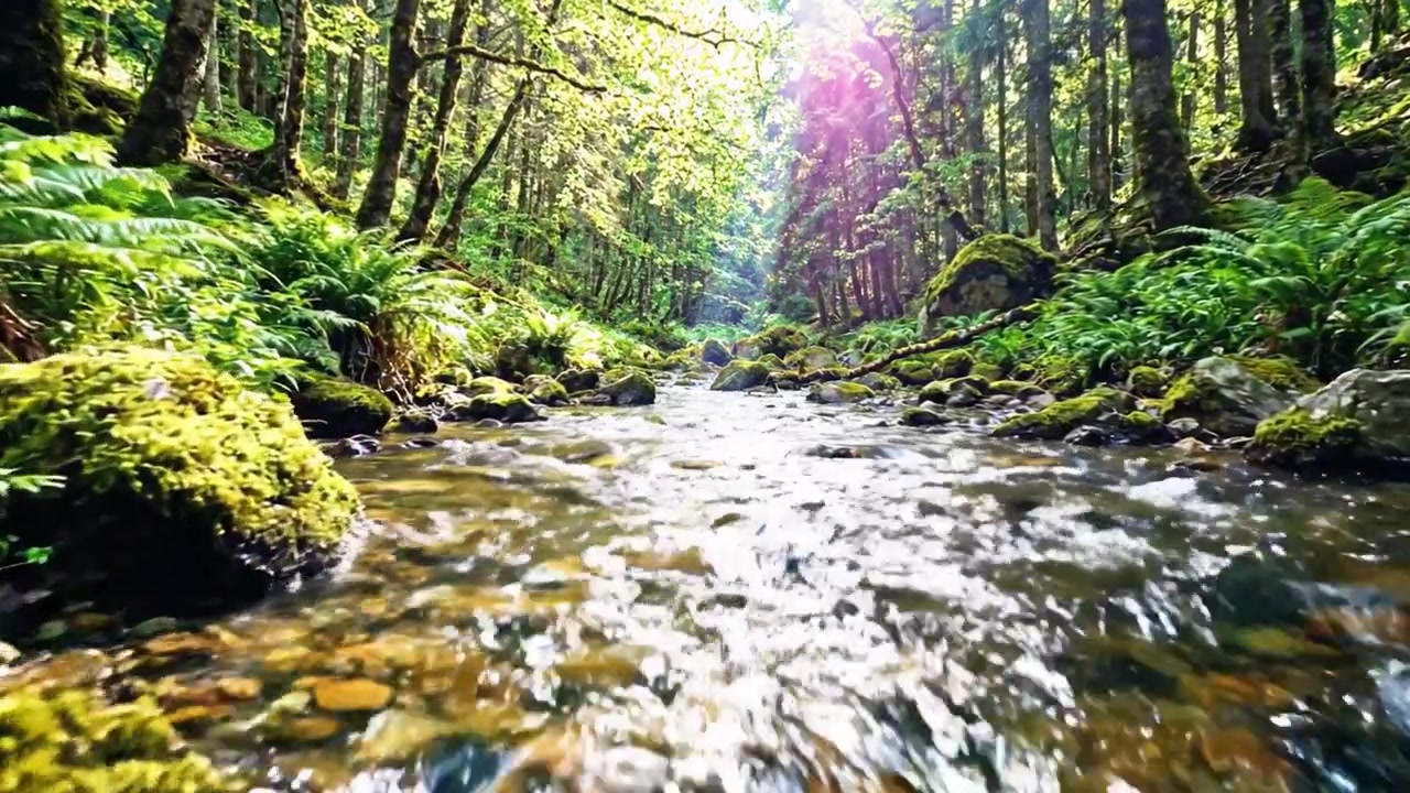 Fredfyldt skovbæk: En rolig rejse gennem solbeskinnede træer og glitrende vand i frodig grøn natur, der afslører vildmarkens skønhed