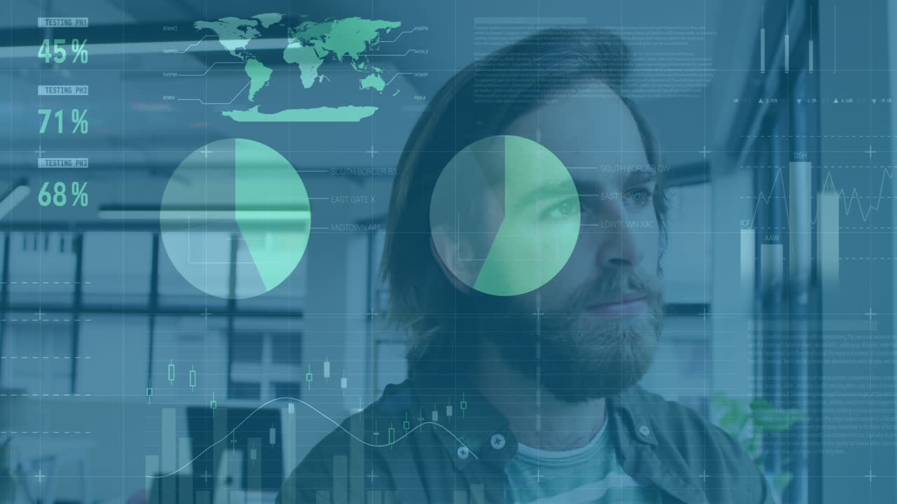 animación de procesamiento de datos contra el hombre caucásico pensativo mirando por la ventana en la oficina