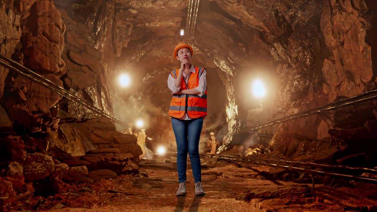 Full Body Of Asian Female Engineer With Safety Helmet Thinking About Something And Looking Around In Underground Mine Tunnel