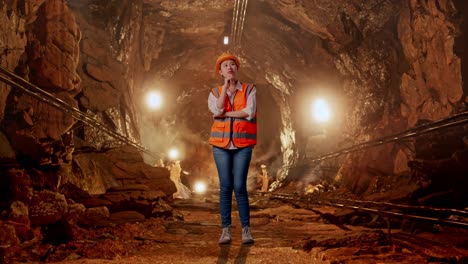 full body of asian female engineer with safety helmet thinking about something and looking around in underground mine tunnel