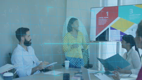 animation of biometric fingerprint and data processing over diverse business people in office