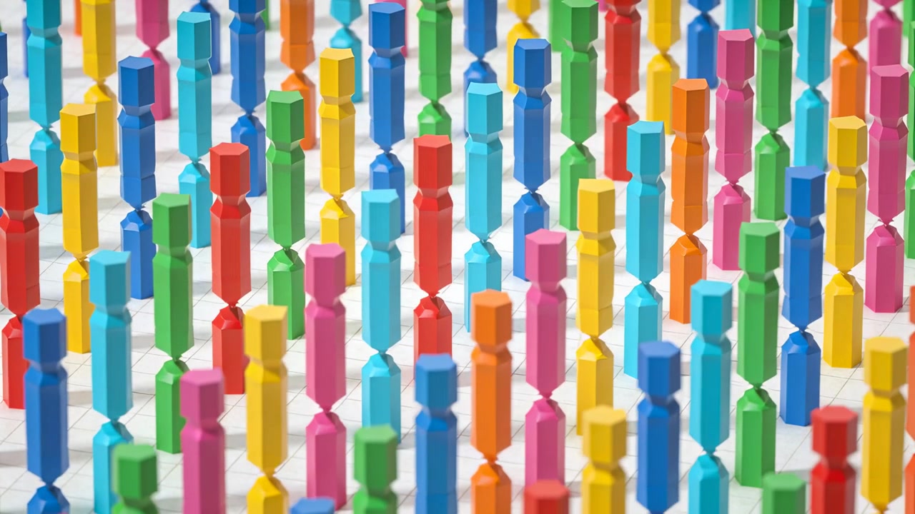 Growing colorful wooden pegs stacking segments as frames advance on white grid sheet, showing beads