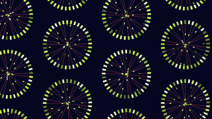 Una composizione visiva di cerchi neri e gialli disposti a spirale, dove i cerchi gialli, più grandi di quelli neri, creano un contrasto accattivante all'interno del motivo intricato.