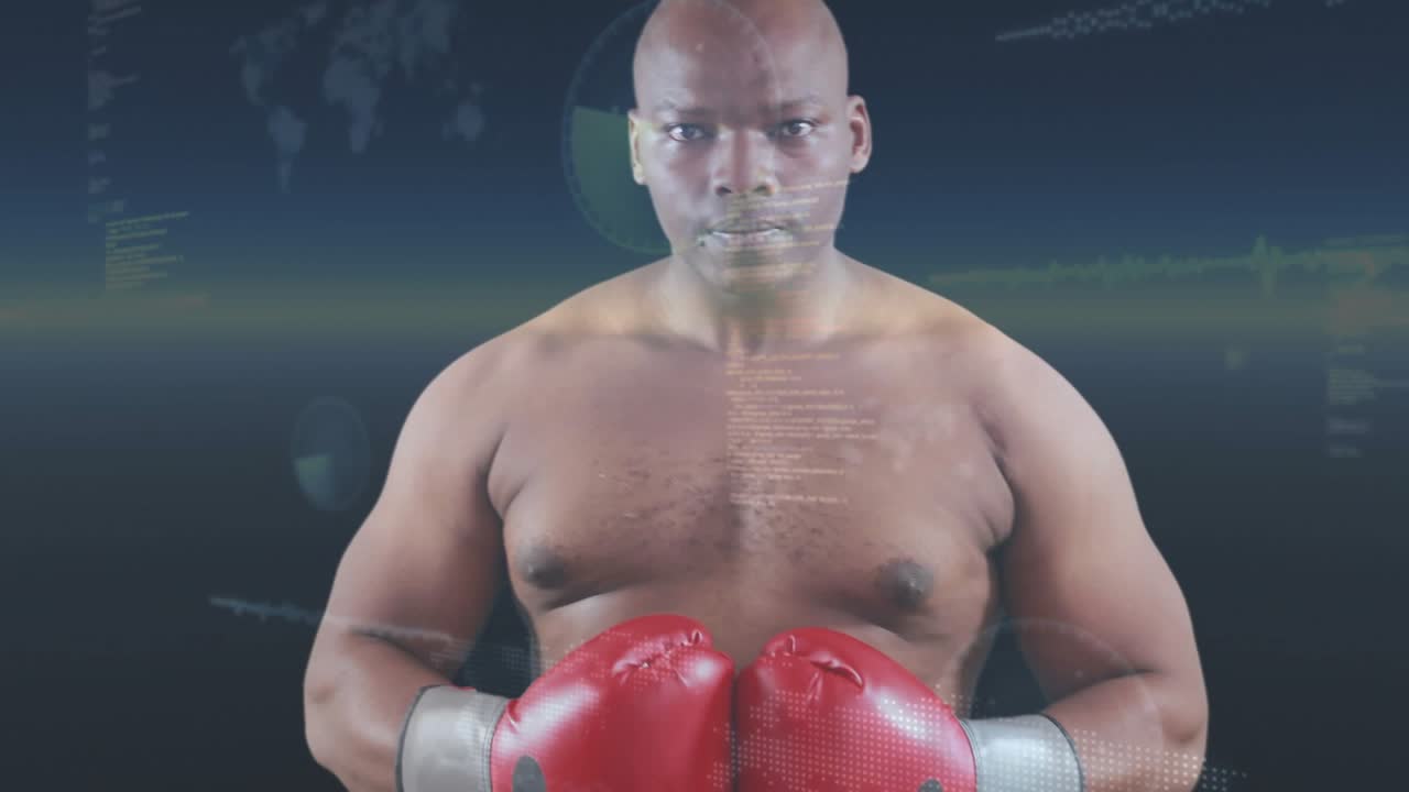 Uomo che tiene guanti rossi, con lo sguardo fisso, mentre la telecamera si allontana rivelando un HUD per il fitness dietro di lui per una promozione.