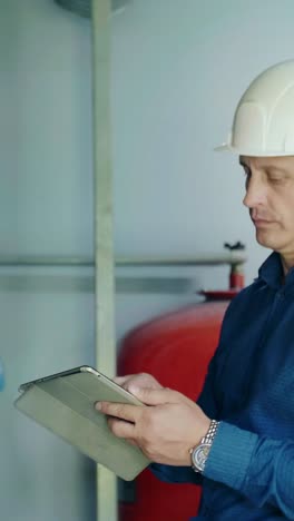 engineer inspecting industrial equipment with a tablet