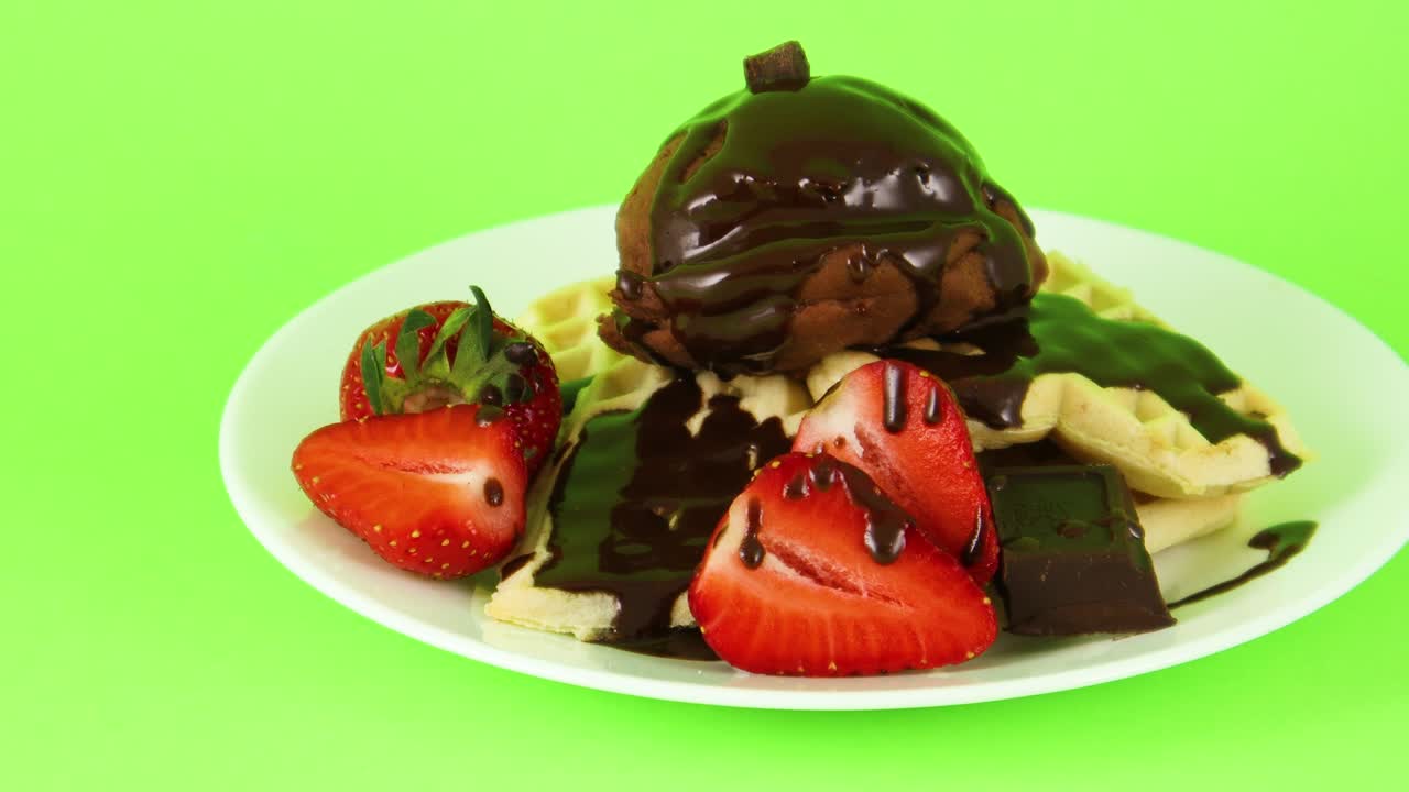 초록색 화면에 와플과 초콜릿 아이스크림의 한 공의 맛있는 사막