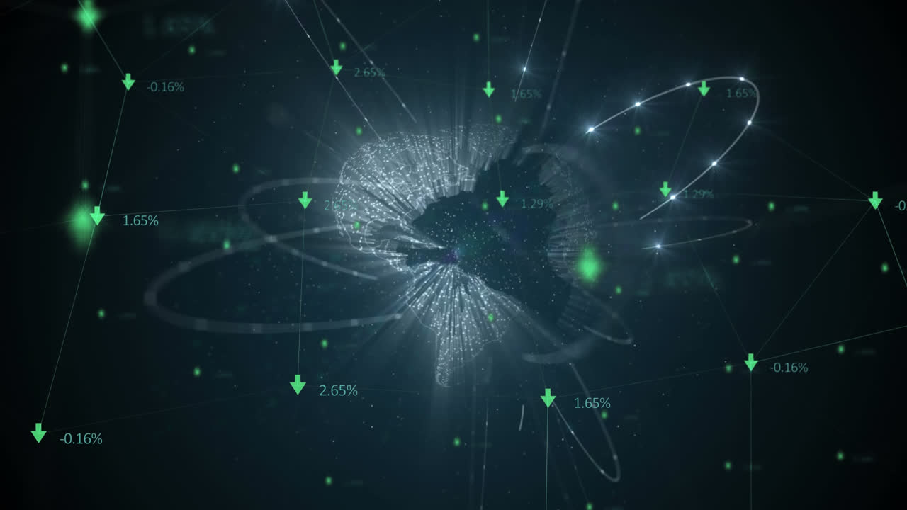 회전하는 지구 위에 떠다니는 숫자를 가진 연결망의 디지털 복합 비디오