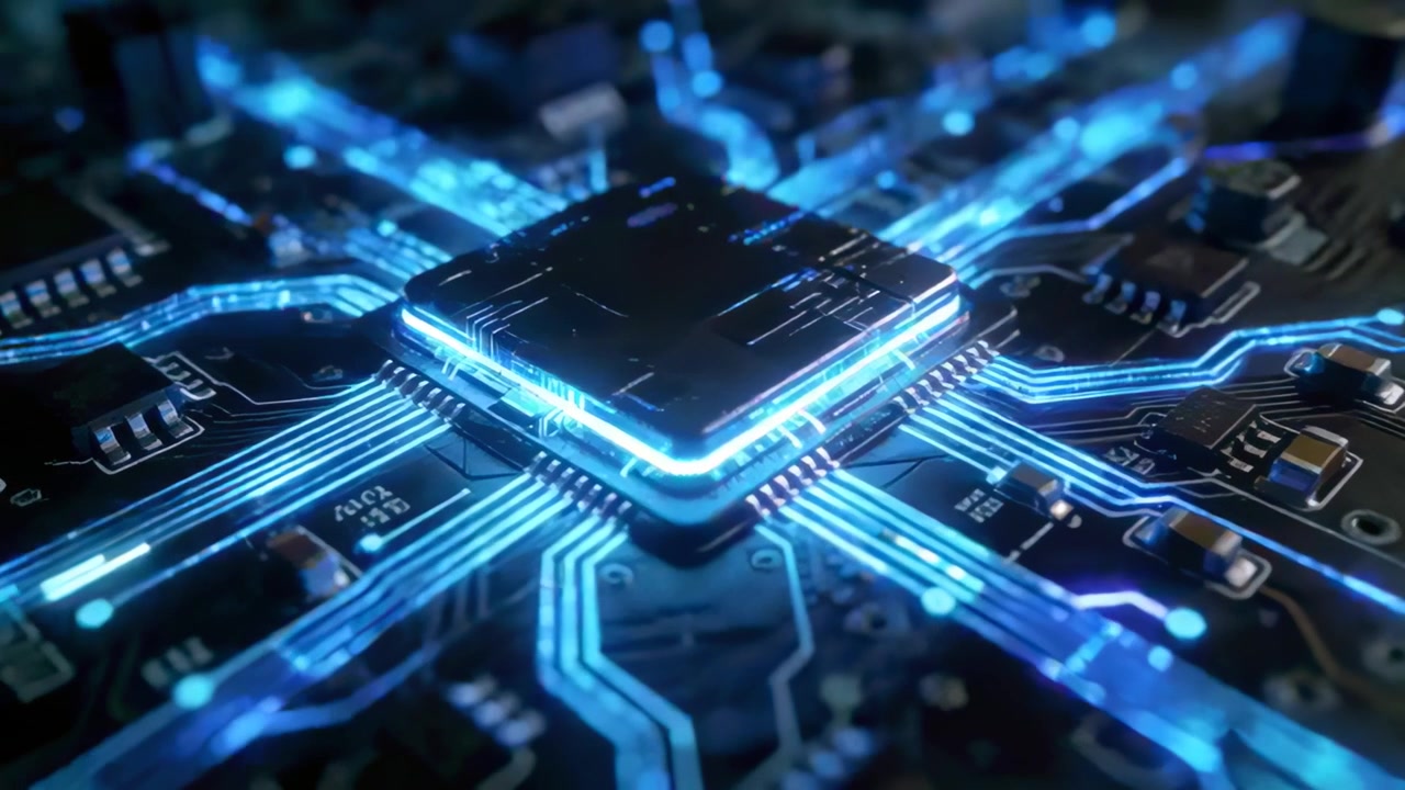 Central mikrochip tændes, pulserende lys langs printpladens spor i et nærbillede i studie, viser dataflow