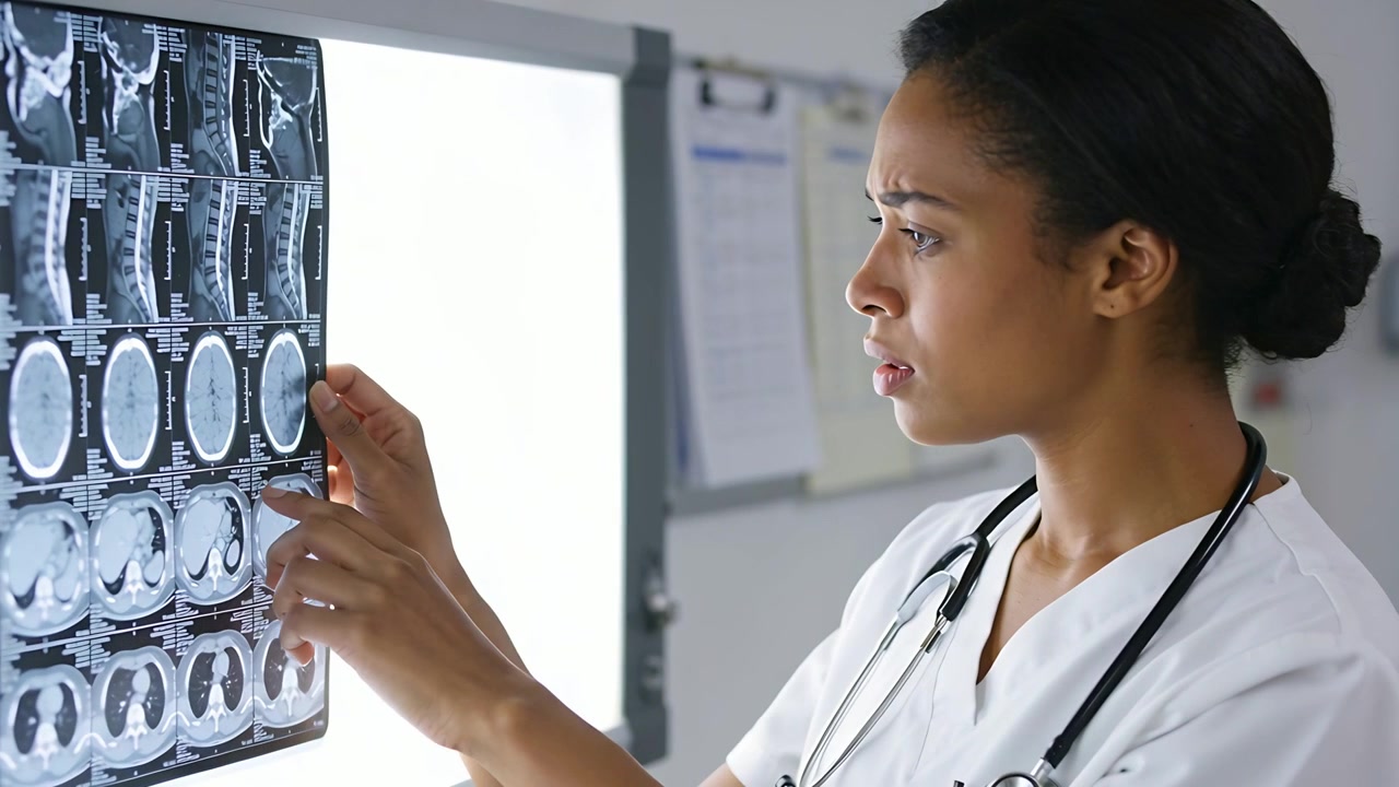 Raising film into lightbox, doctor tracing brain and lung slices at clinic in scrubs, diagnosing