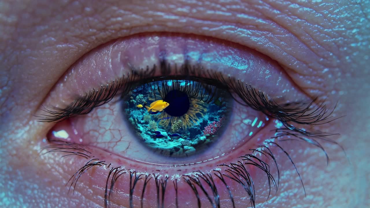 Surreal human eye reflecting vibrant underwater coral reef, multicolored tropical fish swimming through luminous marine environment, blending optical illusion with marine ecosystem