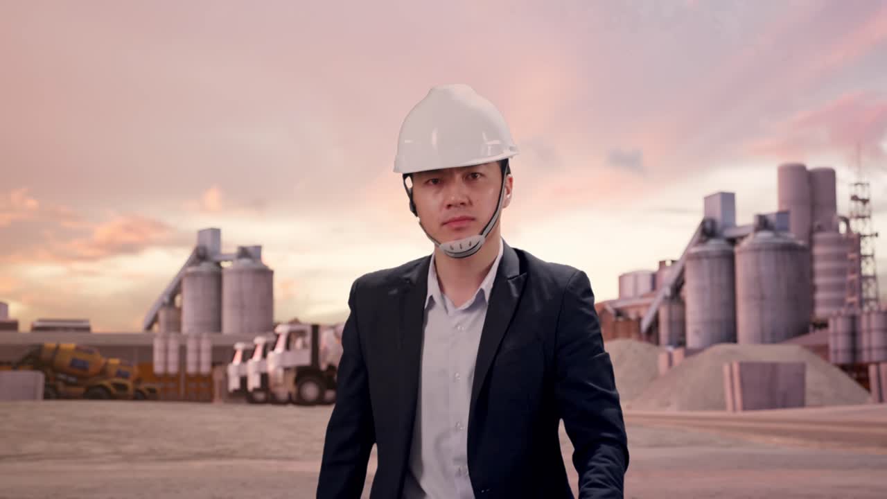 Vista Frontal de Empresário Asiático Caminhando, Verificando as Horas no Relógio em uma Fábrica de Cimento Industrial ao Pôr do Sol