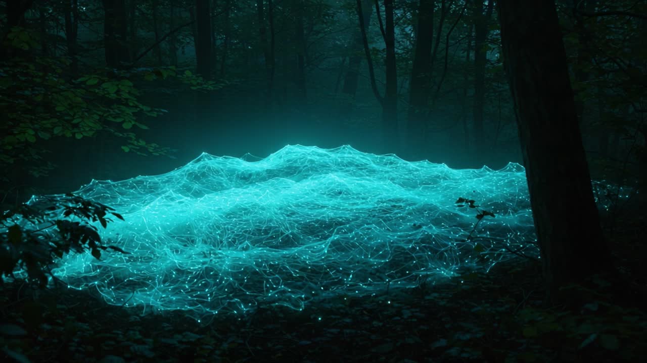 Et Fortryllende Indblik i en Mystisk Skov Oplyst af Glødende Netværk af Lys, der Skaber et Drømmeagtigt Æterisk Landskab i en Fredfyldt Natur