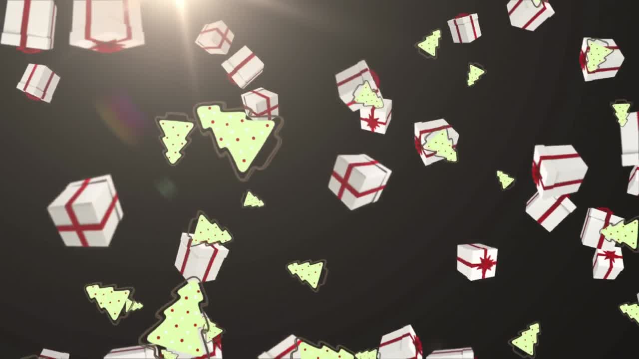 animación digital de múltiples iconos de árboles de navidad y cajas de regalos cayendo contra un punto brillante de luz