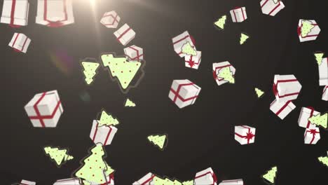 digital animation of multiple christmas tree and gift box icons falling against bright spot of light