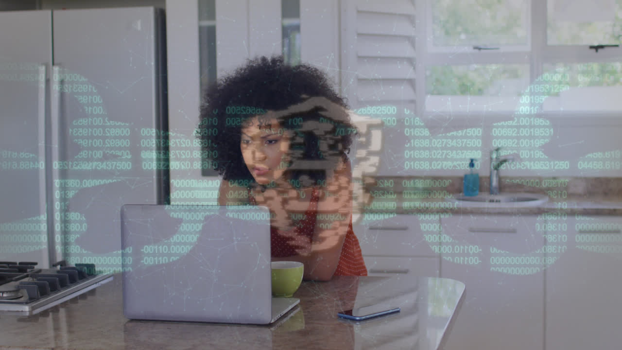 Animation of online security padlock and chain over woman using laptop