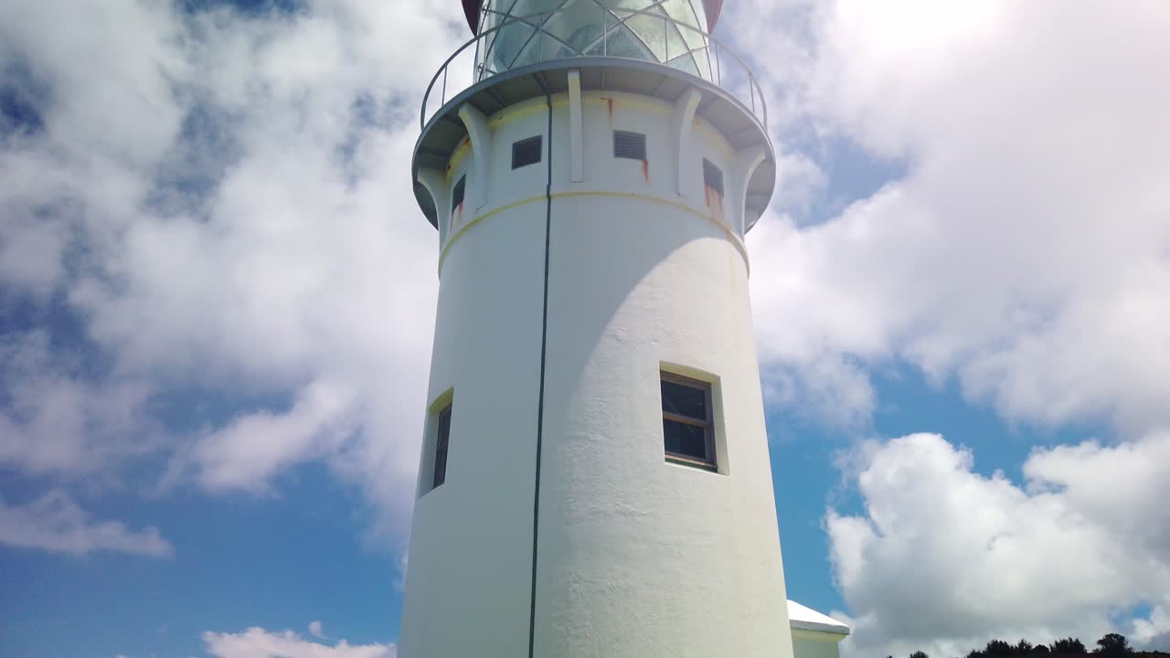 GImbal close-up booming down shot of the Kilauea Point Lighthouse with nenes on the Hawaiian island of Kaua'i