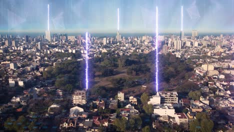 Aerial-drone-shot-of-future-concept-with-glowing-digital-lines-connecting-smart-city---Beautiful-nature-park-with-trees-surrounded-by-buildings-and-skyscrapers-of-Buenos-Aires