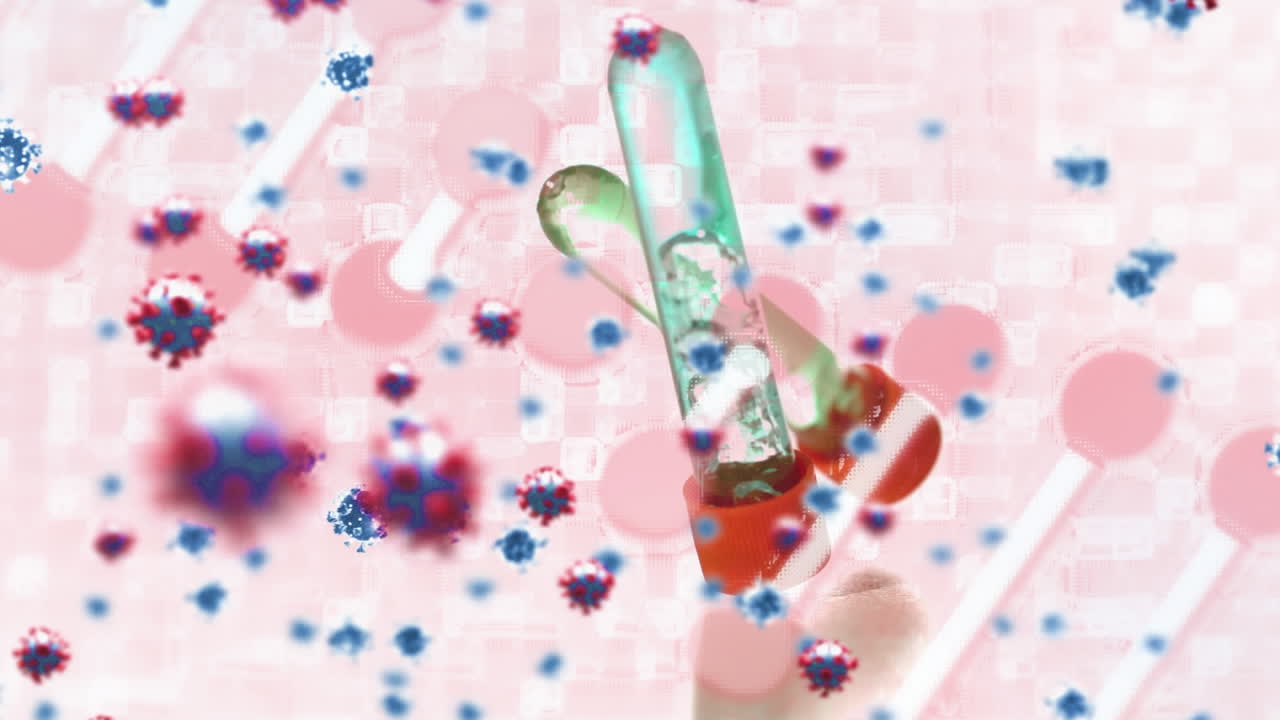 dna 구조와 코로나19 세포가 떨어지는 시험관에 대항합니다.