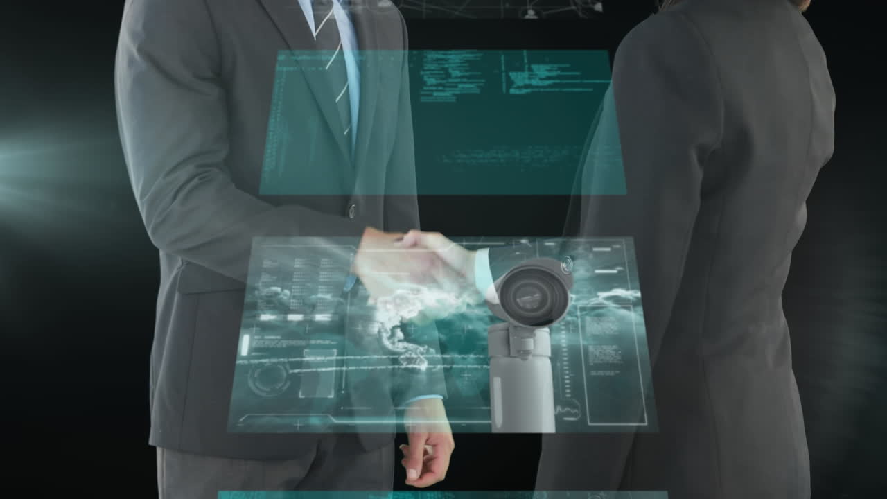 animación del procesamiento de datos en pantallas sobre el apretón de manos de un hombre de negocios