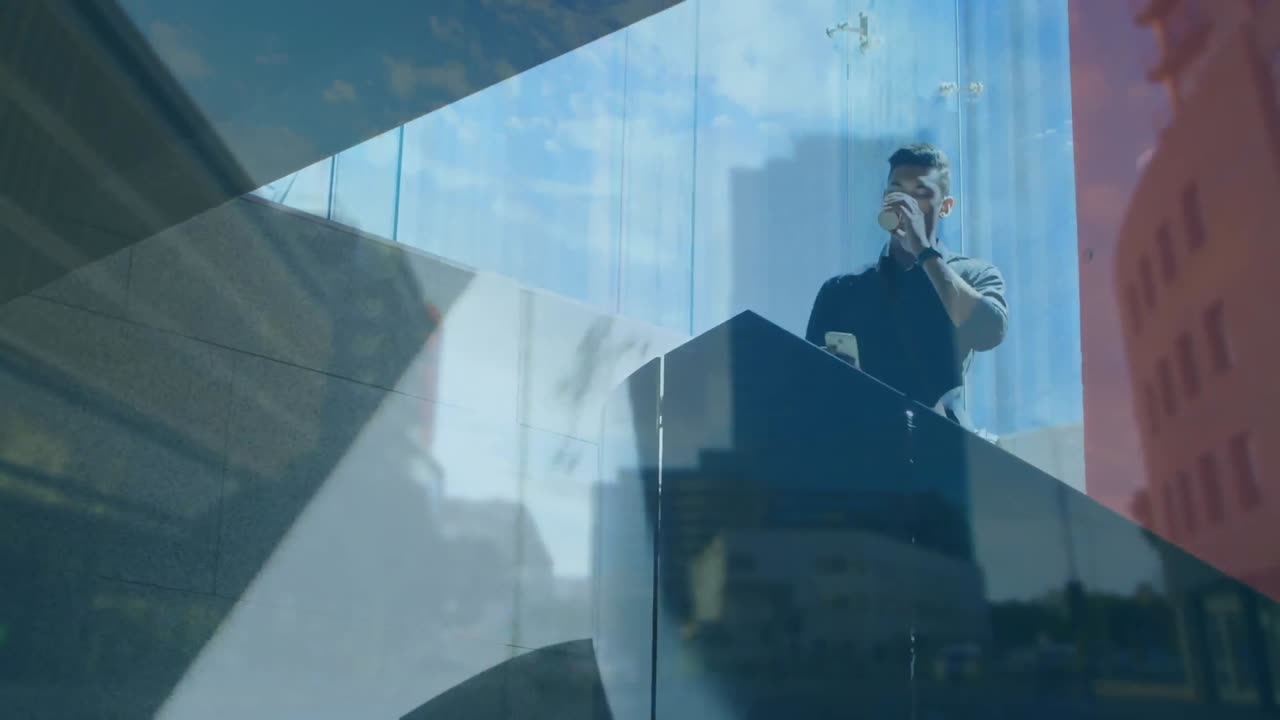 Animation of man drinking coffee over cityscape