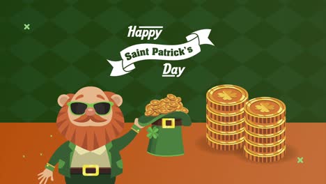 happy saint patricks day lettering with leprechaun character and coins