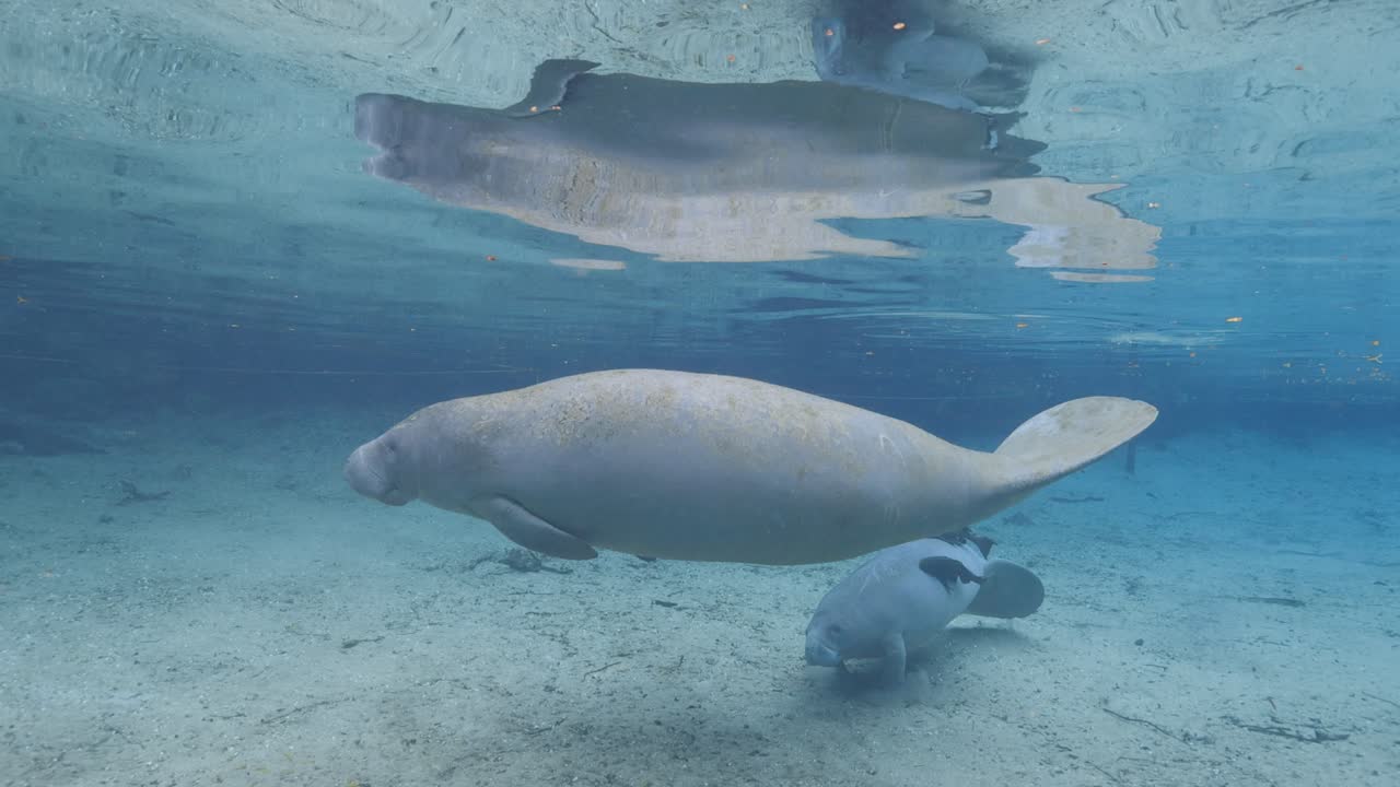 Manatees swim through a crystal-clear Florida spring, followed closely by invasive suckerfish that graze on their skin