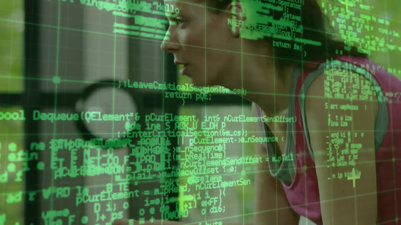 animación del procesamiento de datos sobre una mujer haciendo ejercicio en el gimnasio