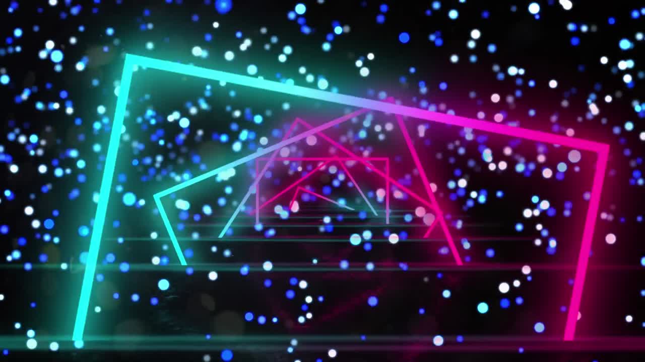 네온 사각형이 원활하게 회전하고 검은 바탕에 푸른 빛의 반점이 있습니다.