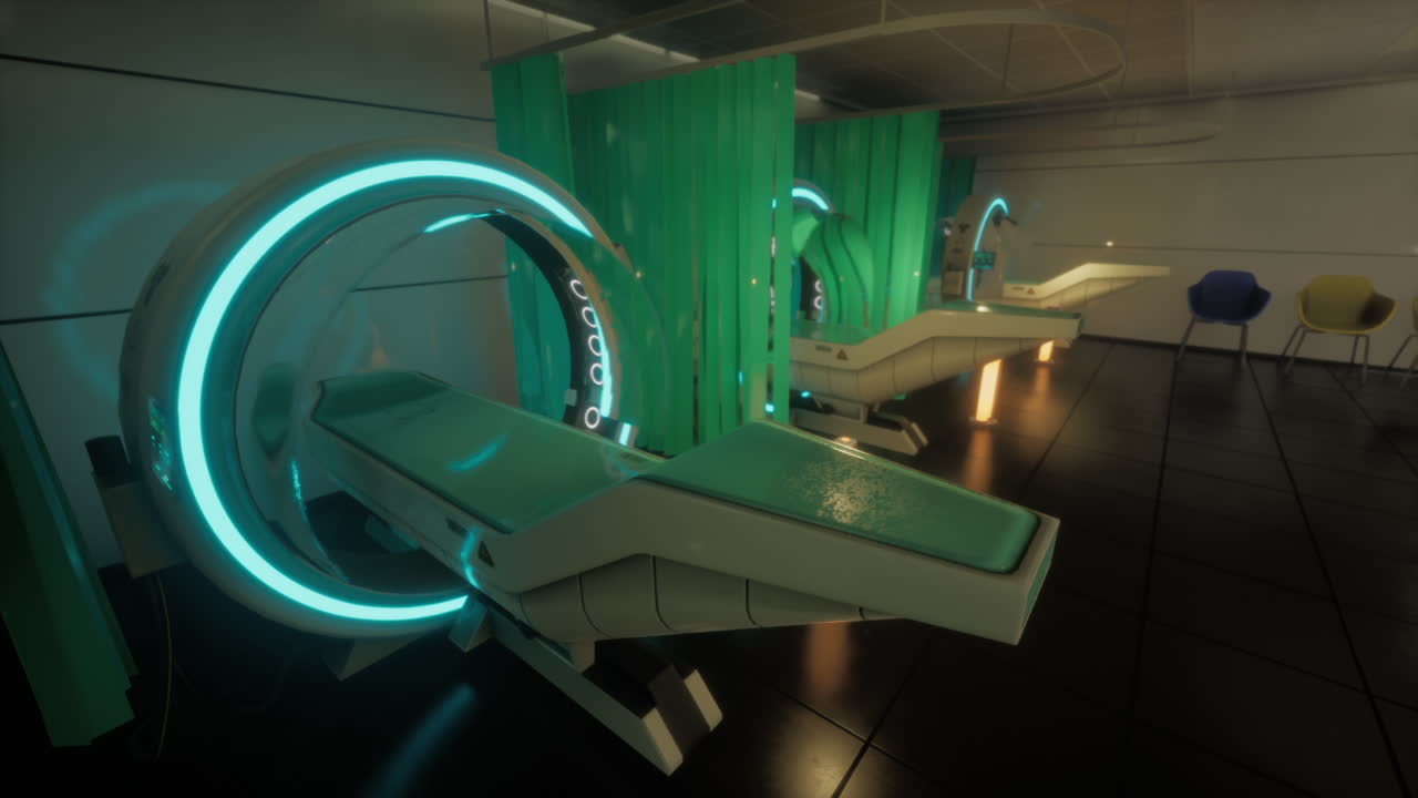 Interno futuristico di un ospedale caratterizzato da tecnologia medica e design all'avanguardia