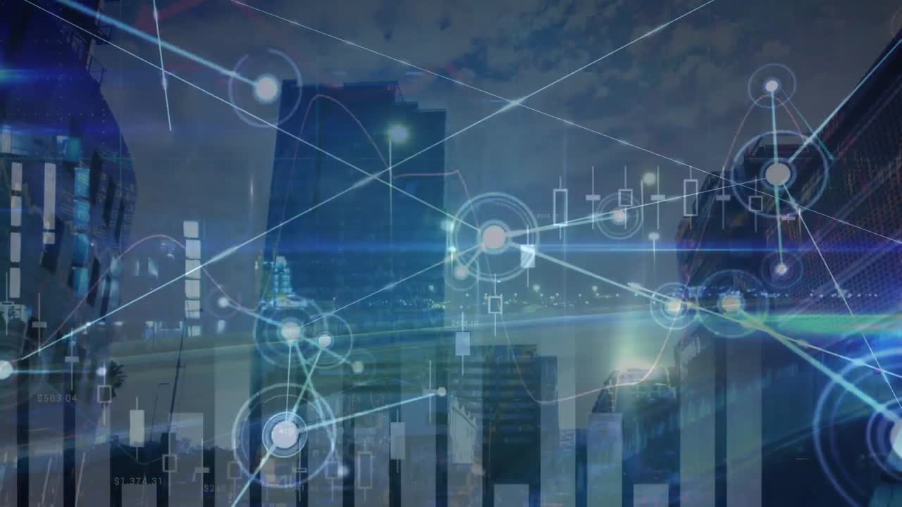 Animation eines Netzwerks von Verbindungen und Finanzdatenverarbeitung über einer Stadtlandschaft