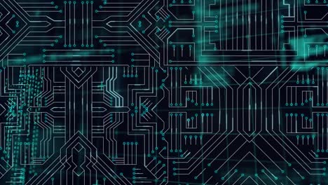 Animation-of-data-processing-over-computer-circuit-board-on-black-background