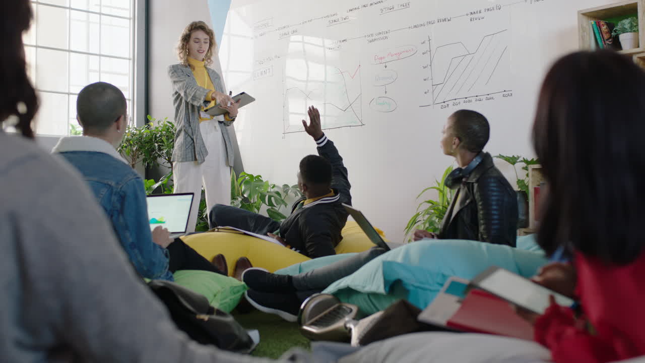 business people meeting caucasian team leader woman presenting market data on whiteboard brainstorming showing colleagues project strategy information sharing ideas in office presentation briefing