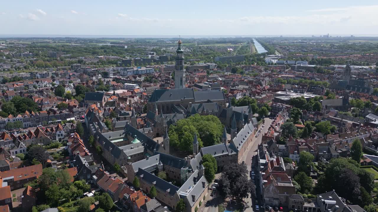 Aerial push in of Middelburg's old City Centre with medieval architecture
