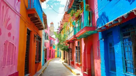 una calle estrecha alineada con edificios coloridos y flores