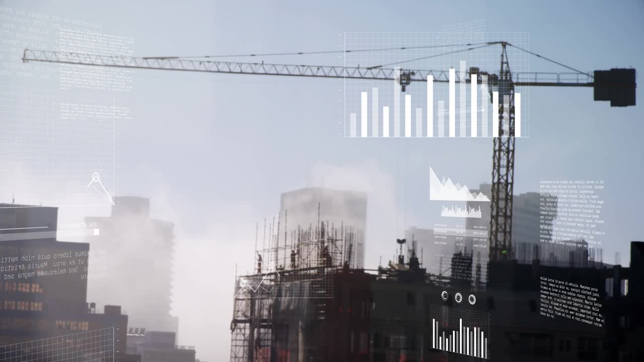 Cloud monitor icon appearing above construction site initiating rising graphs showing progress
