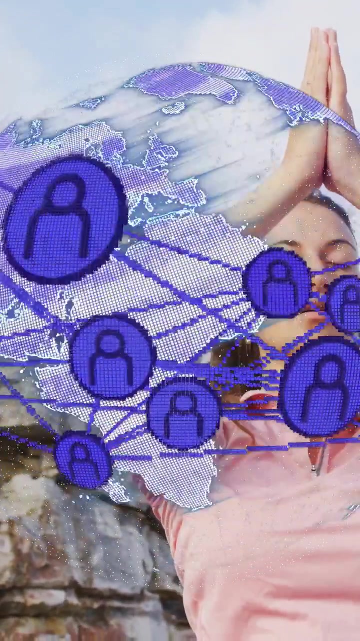 Vertical video: Woman praying on cliff, globe appearing, purple nodes moving over chest for health