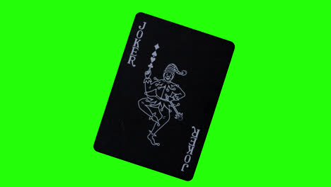 shot of a rotating black joker card with a sketched joker on the card in front of a greenscreen