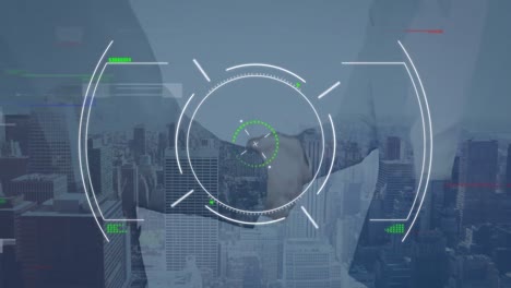 animation of scope scanning and data processing over businessman handshake