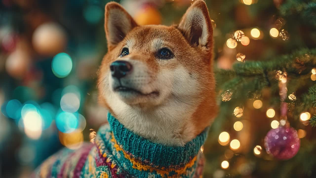 A Charming Shiba Inu in a Colorful Sweater Enjoys a Festive Atmosphere Surrounded by Beautiful Christmas Lights and Ornaments, Capturing the Joy of the Season