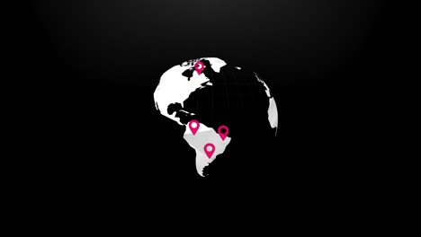 mundo girando y pinos de mapa rojo puntero en fondo negro
