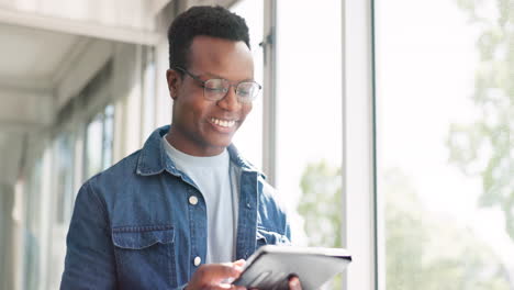 business, window and black man with tablet
